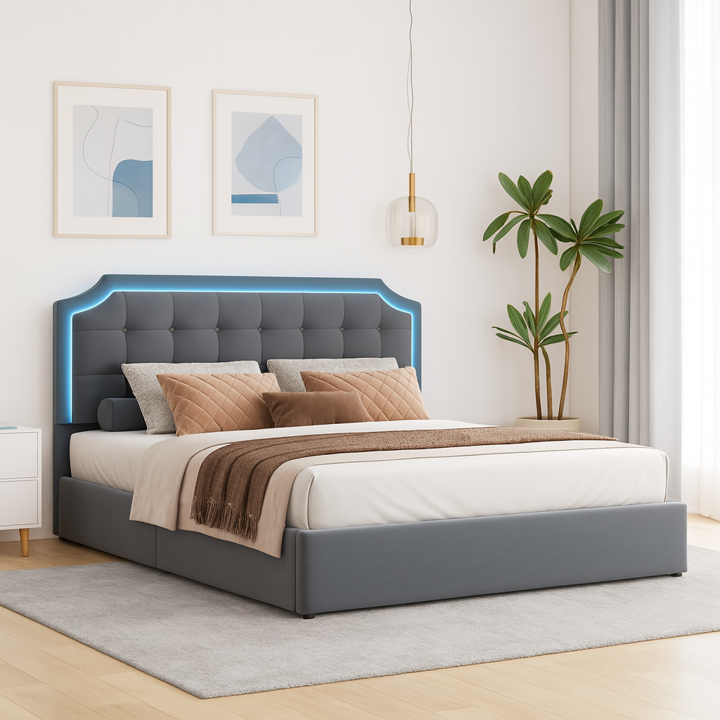 Lit coffre en velours à LED avec Port USB - Modèle Daphné