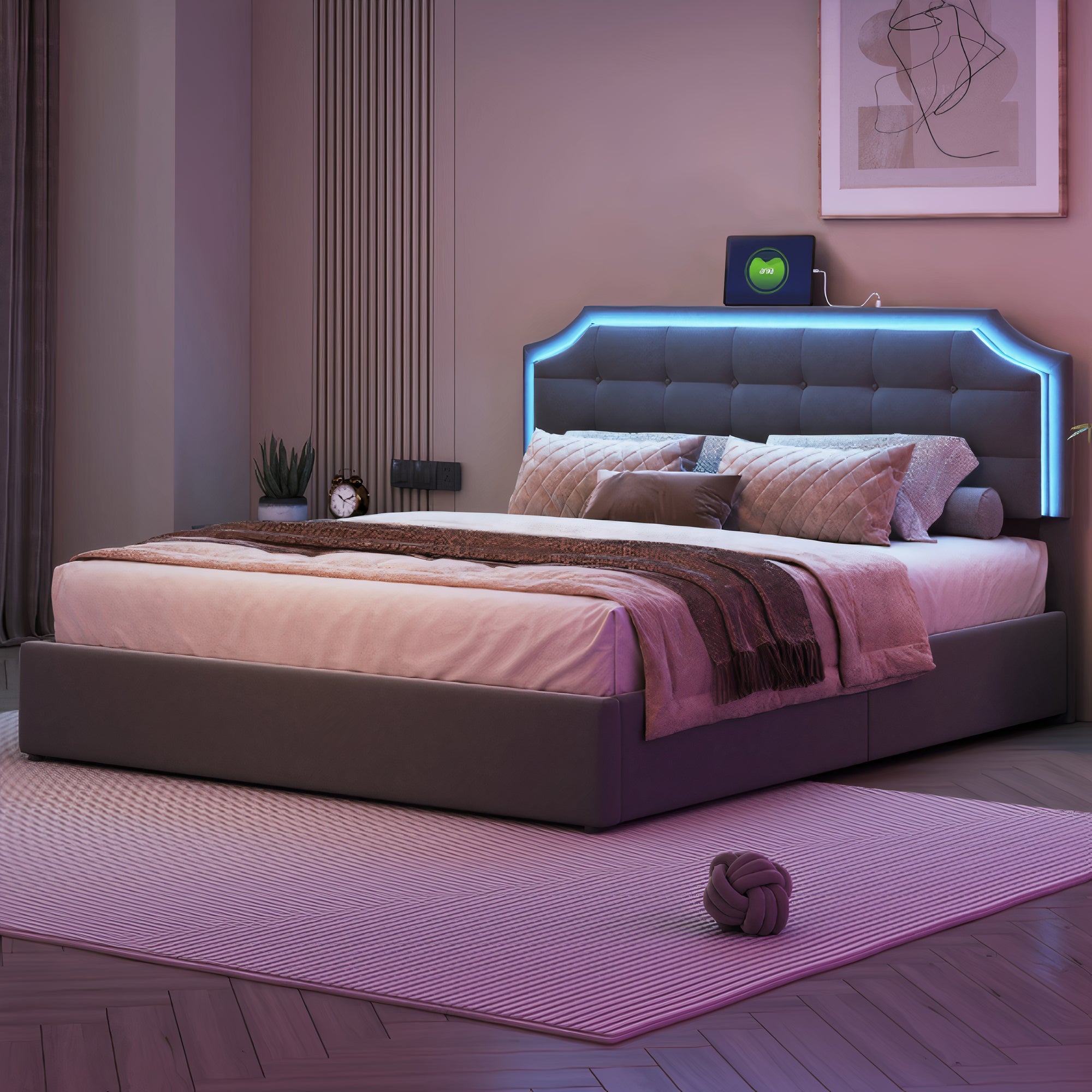 Lit coffre en velours à LED avec Port USB - Modèle Daphné