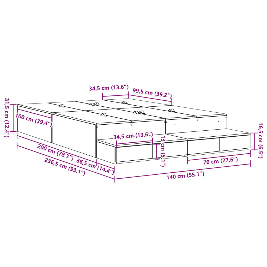 Lit coffre en bois avec rangement - matelas inclus - Modèle Naya