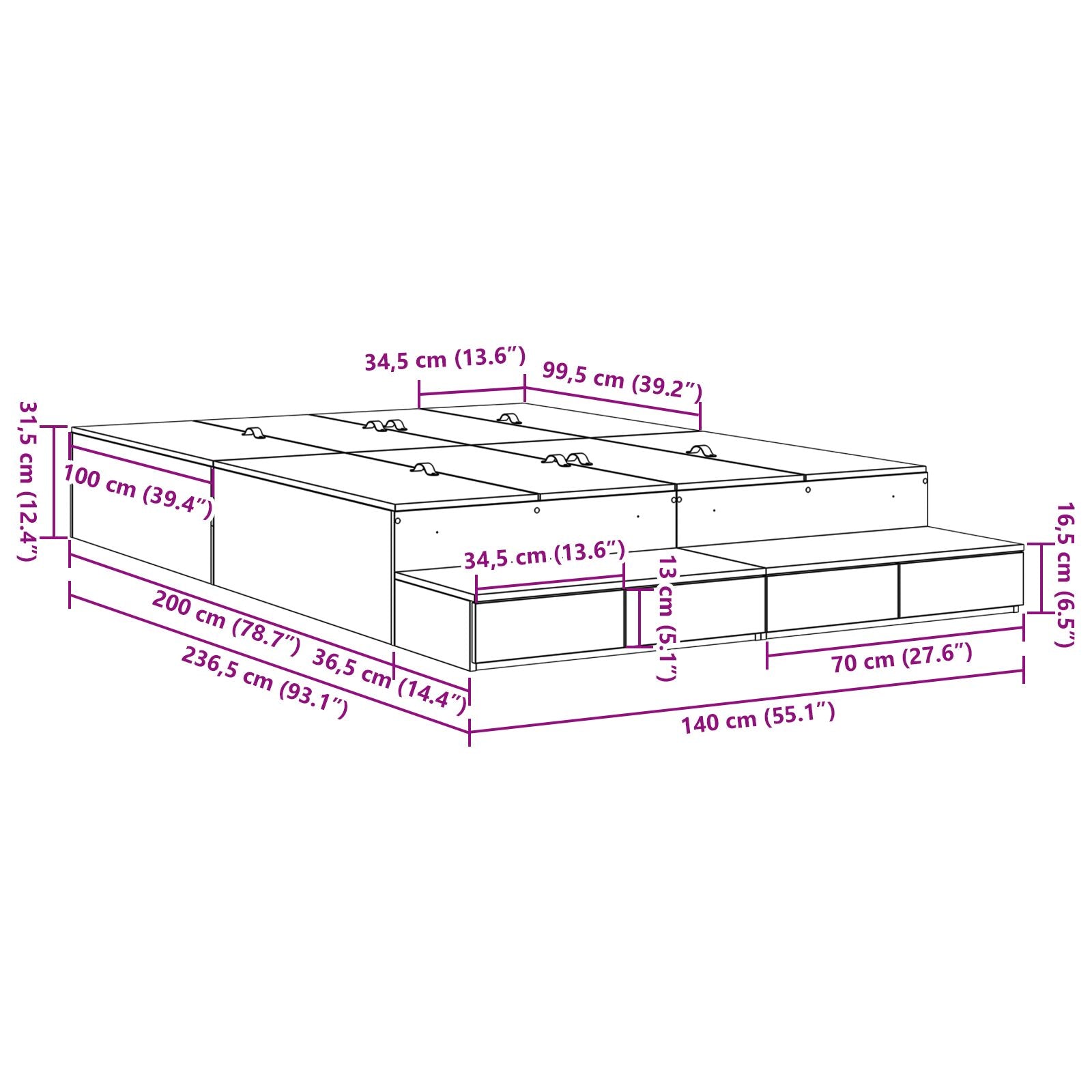 Lit coffre en bois avec rangement - matelas inclus - Modèle Naya
